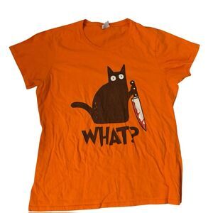 Halloween Cat T-Shirt Orange Large Murderous Cat with Knife Design: Black Cat